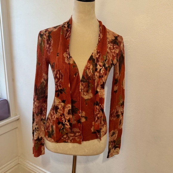 LOFT Red-Orange Floral Sweater with Neck Tie – Size S - Picture 1 of 6